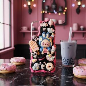 Kawaii monster Bunny Dessert Decoden Phone Case - Pink & Black Handmade
